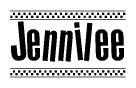 The image is a black and white clipart of the text Jennilee in a bold, italicized font. The text is bordered by a dotted line on the top and bottom, and there are checkered flags positioned at both ends of the text, usually associated with racing or finishing lines.