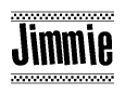 The image contains the text Jimmie in a bold, stylized font, with a checkered flag pattern bordering the top and bottom of the text.
