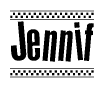 The image contains the text Jennif in a bold, stylized font, with a checkered flag pattern bordering the top and bottom of the text.