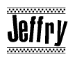 The clipart image displays the text Jeffry in a bold, stylized font. It is enclosed in a rectangular border with a checkerboard pattern running below and above the text, similar to a finish line in racing. 