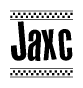The image contains the text Jaxc in a bold, stylized font, with a checkered flag pattern bordering the top and bottom of the text.
