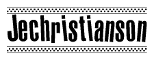 The clipart image displays the text Jechristianson in a bold, stylized font. It is enclosed in a rectangular border with a checkerboard pattern running below and above the text, similar to a finish line in racing. 