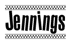 The image contains the text Jennings in a bold, stylized font, with a checkered flag pattern bordering the top and bottom of the text.