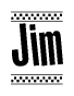 The image contains the text Jim in a bold, stylized font, with a checkered flag pattern bordering the top and bottom of the text.
