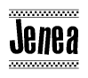 The image contains the text Jenea in a bold, stylized font, with a checkered flag pattern bordering the top and bottom of the text.