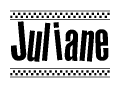The clipart image displays the text Juliane in a bold, stylized font. It is enclosed in a rectangular border with a checkerboard pattern running below and above the text, similar to a finish line in racing. 