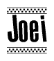 The image contains the text Joei in a bold, stylized font, with a checkered flag pattern bordering the top and bottom of the text.