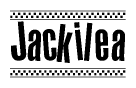 The clipart image displays the text Jackilea in a bold, stylized font. It is enclosed in a rectangular border with a checkerboard pattern running below and above the text, similar to a finish line in racing. 