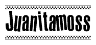 The image contains the text Juanitamoss in a bold, stylized font, with a checkered flag pattern bordering the top and bottom of the text.