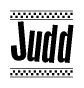 The image is a black and white clipart of the text Judd in a bold, italicized font. The text is bordered by a dotted line on the top and bottom, and there are checkered flags positioned at both ends of the text, usually associated with racing or finishing lines.