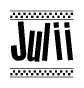 The image contains the text Julii in a bold, stylized font, with a checkered flag pattern bordering the top and bottom of the text.