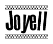 The image contains the text Joyell in a bold, stylized font, with a checkered flag pattern bordering the top and bottom of the text.