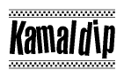 The image is a black and white clipart of the text Kamaldip in a bold, italicized font. The text is bordered by a dotted line on the top and bottom, and there are checkered flags positioned at both ends of the text, usually associated with racing or finishing lines.