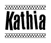 The image is a black and white clipart of the text Kathia in a bold, italicized font. The text is bordered by a dotted line on the top and bottom, and there are checkered flags positioned at both ends of the text, usually associated with racing or finishing lines.