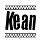 The image is a black and white clipart of the text Kean in a bold, italicized font. The text is bordered by a dotted line on the top and bottom, and there are checkered flags positioned at both ends of the text, usually associated with racing or finishing lines.