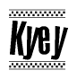 The image contains the text Kyey in a bold, stylized font, with a checkered flag pattern bordering the top and bottom of the text.