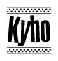 The image is a black and white clipart of the text Kyho in a bold, italicized font. The text is bordered by a dotted line on the top and bottom, and there are checkered flags positioned at both ends of the text, usually associated with racing or finishing lines.