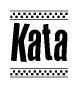 The image is a black and white clipart of the text Kata in a bold, italicized font. The text is bordered by a dotted line on the top and bottom, and there are checkered flags positioned at both ends of the text, usually associated with racing or finishing lines.
