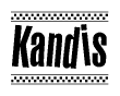 The image contains the text Kandis in a bold, stylized font, with a checkered flag pattern bordering the top and bottom of the text.