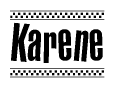 The image contains the text Karene in a bold, stylized font, with a checkered flag pattern bordering the top and bottom of the text.