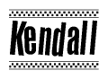 The image is a black and white clipart of the text Kendall in a bold, italicized font. The text is bordered by a dotted line on the top and bottom, and there are checkered flags positioned at both ends of the text, usually associated with racing or finishing lines.