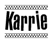 The image contains the text Karrie in a bold, stylized font, with a checkered flag pattern bordering the top and bottom of the text.