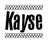 The image contains the text Kayse in a bold, stylized font, with a checkered flag pattern bordering the top and bottom of the text.