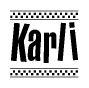 The clipart image displays the text Karli in a bold, stylized font. It is enclosed in a rectangular border with a checkerboard pattern running below and above the text, similar to a finish line in racing. 