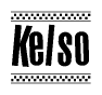The image is a black and white clipart of the text Kelso in a bold, italicized font. The text is bordered by a dotted line on the top and bottom, and there are checkered flags positioned at both ends of the text, usually associated with racing or finishing lines.
