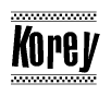 The image is a black and white clipart of the text Korey in a bold, italicized font. The text is bordered by a dotted line on the top and bottom, and there are checkered flags positioned at both ends of the text, usually associated with racing or finishing lines.