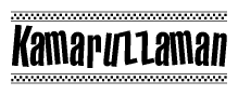 The image contains the text Kamaruzzaman in a bold, stylized font, with a checkered flag pattern bordering the top and bottom of the text.