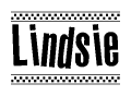 The clipart image displays the text Lindsie in a bold, stylized font. It is enclosed in a rectangular border with a checkerboard pattern running below and above the text, similar to a finish line in racing. 