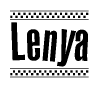 The image contains the text Lenya in a bold, stylized font, with a checkered flag pattern bordering the top and bottom of the text.