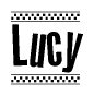 The image contains the text Lucy in a bold, stylized font, with a checkered flag pattern bordering the top and bottom of the text.
