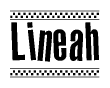 The image is a black and white clipart of the text Lineah in a bold, italicized font. The text is bordered by a dotted line on the top and bottom, and there are checkered flags positioned at both ends of the text, usually associated with racing or finishing lines.