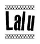 The image is a black and white clipart of the text Lalu in a bold, italicized font. The text is bordered by a dotted line on the top and bottom, and there are checkered flags positioned at both ends of the text, usually associated with racing or finishing lines.