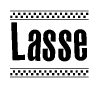 The image contains the text Lasse in a bold, stylized font, with a checkered flag pattern bordering the top and bottom of the text.