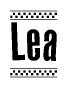 The image contains the text Lea in a bold, stylized font, with a checkered flag pattern bordering the top and bottom of the text.