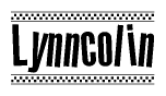 The image is a black and white clipart of the text Lynncolin in a bold, italicized font. The text is bordered by a dotted line on the top and bottom, and there are checkered flags positioned at both ends of the text, usually associated with racing or finishing lines.