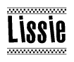 The image is a black and white clipart of the text Lissie in a bold, italicized font. The text is bordered by a dotted line on the top and bottom, and there are checkered flags positioned at both ends of the text, usually associated with racing or finishing lines.