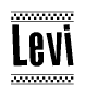 The image contains the text Levi in a bold, stylized font, with a checkered flag pattern bordering the top and bottom of the text.