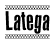 The image is a black and white clipart of the text Latega in a bold, italicized font. The text is bordered by a dotted line on the top and bottom, and there are checkered flags positioned at both ends of the text, usually associated with racing or finishing lines.