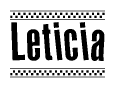 The image contains the text Leticia in a bold, stylized font, with a checkered flag pattern bordering the top and bottom of the text.