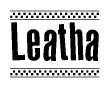 The image is a black and white clipart of the text Leatha in a bold, italicized font. The text is bordered by a dotted line on the top and bottom, and there are checkered flags positioned at both ends of the text, usually associated with racing or finishing lines.