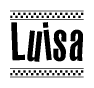 The image is a black and white clipart of the text Luisa in a bold, italicized font. The text is bordered by a dotted line on the top and bottom, and there are checkered flags positioned at both ends of the text, usually associated with racing or finishing lines.