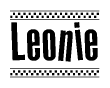 The image contains the text Leonie in a bold, stylized font, with a checkered flag pattern bordering the top and bottom of the text.