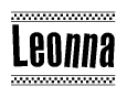 The image contains the text Leonna in a bold, stylized font, with a checkered flag pattern bordering the top and bottom of the text.