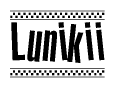 The image is a black and white clipart of the text Lunikii in a bold, italicized font. The text is bordered by a dotted line on the top and bottom, and there are checkered flags positioned at both ends of the text, usually associated with racing or finishing lines.