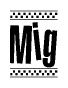 The image contains the text Mig in a bold, stylized font, with a checkered flag pattern bordering the top and bottom of the text.
