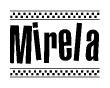 The image contains the text Mirela in a bold, stylized font, with a checkered flag pattern bordering the top and bottom of the text.
